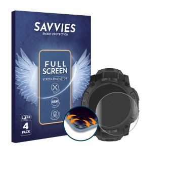 Parte frontale di una confezione del prodotto con il logo del marchio Savvies. Accanto è raffigurato il dispositivo Garmin Ins