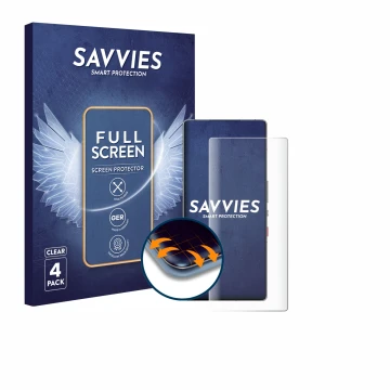 Parte frontale di una confezione del prodotto con il logo del marchio Savvies. Accanto è raffigurato il dispositivo ZTE Nubia 