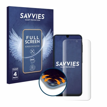 Parte frontale di una confezione del prodotto con il logo del marchio Savvies. Accanto è raffigurato il dispositivo Samsung Ga
