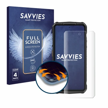 Parte frontale di una confezione del prodotto con il logo del marchio Savvies. Accanto è raffigurato il dispositivo Ulefone Ar