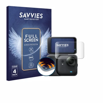 Parte frontale di una confezione del prodotto con il logo del marchio Savvies. Accanto è raffigurato il dispositivo Insta360 G