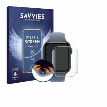 Parte frontale di una confezione del prodotto con il logo del marchio Savvies. Accanto è raffigurato il dispositivo Apple Watc