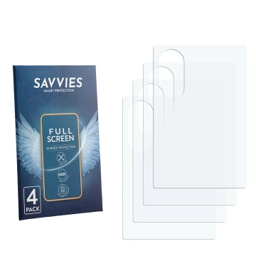 Parte frontale di una confezione del prodotto con il logo del marchio Savvies. Accanto si trova la protezione per lo schermo c