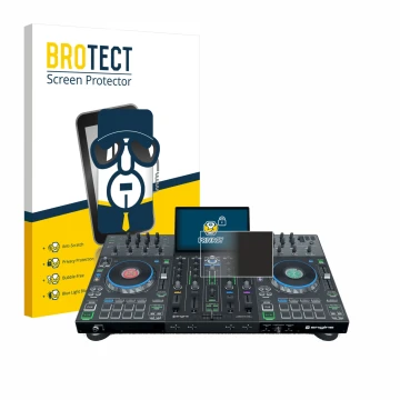 Parte frontale di una confezione del prodotto con il logo del marchio BROTECT. Accanto è raffigurato il dispositivo Denon DJ P