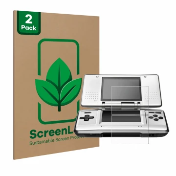 Parte frontale di una confezione del prodotto con il logo del marchio ScreenLeaf. Accanto è raffigurato il dispositivo Nintend