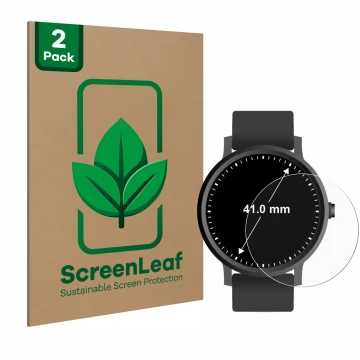 Parte frontale di una confezione del prodotto con il logo del marchio ScreenLeaf. Accanto è raffigurato il dispositivo Orologi