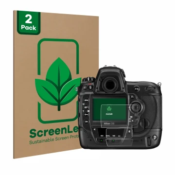 Parte frontale di una confezione del prodotto con il logo del marchio ScreenLeaf. Accanto è raffigurato il dispositivo Nikon D