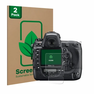 Parte frontale di una confezione del prodotto con il logo del marchio ScreenLeaf. Accanto è raffigurato il dispositivo Nikon D