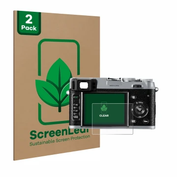 Parte frontale di una confezione del prodotto con il logo del marchio ScreenLeaf. Accanto è raffigurato il dispositivo Fujifil