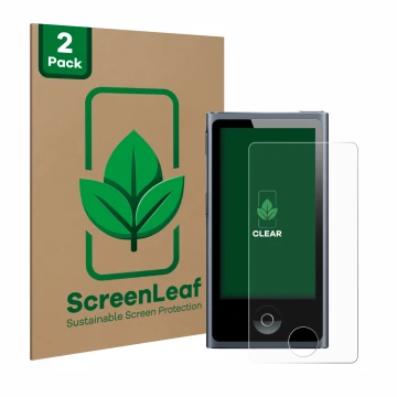 Parte frontale di una confezione del prodotto con il logo del marchio ScreenLeaf. Accanto è raffigurato il dispositivo Apple i