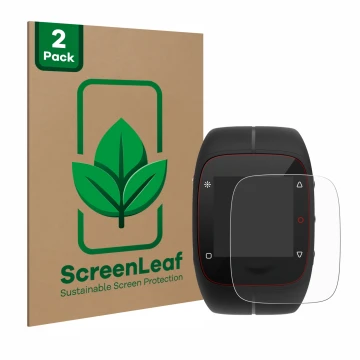 Parte frontale di una confezione del prodotto con il logo del marchio ScreenLeaf. Accanto è raffigurato il dispositivo Polar M