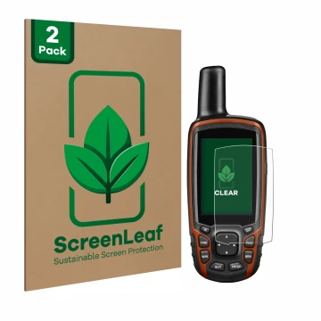 Parte frontale di una confezione del prodotto con il logo del marchio ScreenLeaf. Accanto è raffigurato il dispositivo Garmin 
