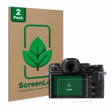 Parte frontale di una confezione del prodotto con il logo del marchio ScreenLeaf. Accanto è raffigurato il dispositivo Fujifil