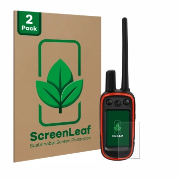 Parte frontale di una confezione del prodotto con il logo del marchio ScreenLeaf. Accanto è raffigurato il dispositivo Garmin 