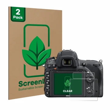 Parte frontale di una confezione del prodotto con il logo del marchio ScreenLeaf. Accanto è raffigurato il dispositivo Nikon D