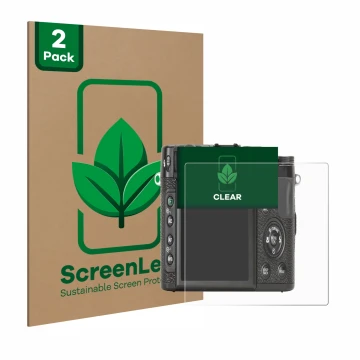 Parte frontale di una confezione del prodotto con il logo del marchio ScreenLeaf. Accanto è raffigurato il dispositivo Fujifil