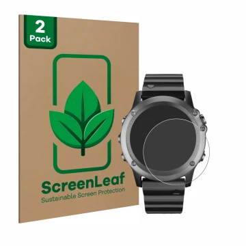 Parte frontale di una confezione del prodotto con il logo del marchio ScreenLeaf. Accanto è raffigurato il dispositivo Garmin 