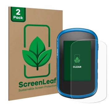 Parte frontale di una confezione del prodotto con il logo del marchio ScreenLeaf. Accanto è raffigurato il dispositivo Garmin 