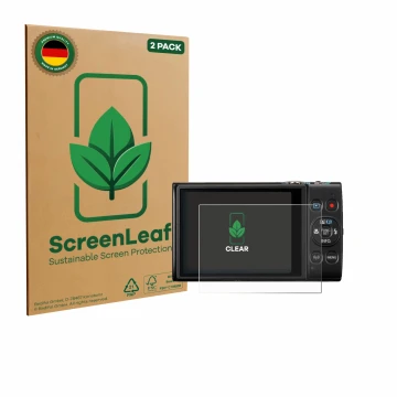 Parte frontale di una confezione del prodotto con il logo del marchio ScreenLeaf. Accanto è raffigurato il dispositivo Canon D