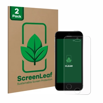 Parte frontale di una confezione del prodotto con il logo del marchio ScreenLeaf. Accanto è raffigurato il dispositivo Apple i