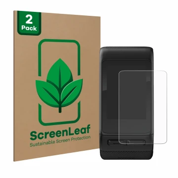 Parte frontale di una confezione del prodotto con il logo del marchio ScreenLeaf. Accanto è raffigurato il dispositivo Garmin 