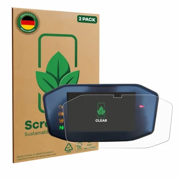 Parte frontale di una confezione del prodotto con il logo del marchio ScreenLeaf. Accanto è raffigurato il dispositivo KTM 690