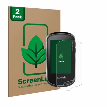 Parte frontale di una confezione del prodotto con il logo del marchio ScreenLeaf. Accanto è raffigurato il dispositivo Garmin 