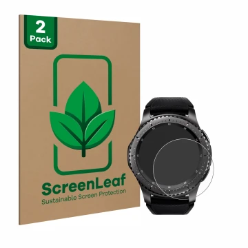 Parte frontale di una confezione del prodotto con il logo del marchio ScreenLeaf. Accanto è raffigurato il dispositivo Samsung