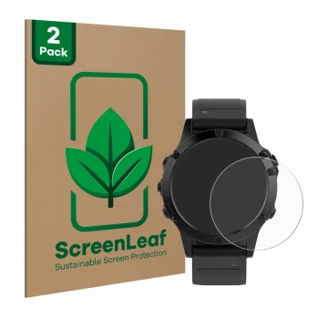 Parte frontale di una confezione del prodotto con il logo del marchio ScreenLeaf. Accanto è raffigurato il dispositivo Garmin 