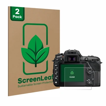 Parte frontale di una confezione del prodotto con il logo del marchio ScreenLeaf. Accanto è raffigurato il dispositivo Nikon D