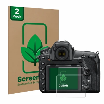 Parte frontale di una confezione del prodotto con il logo del marchio ScreenLeaf. Accanto è raffigurato il dispositivo Nikon D