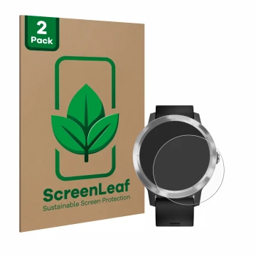 Parte frontale di una confezione del prodotto con il logo del marchio ScreenLeaf. Accanto è raffigurato il dispositivo Garmin 