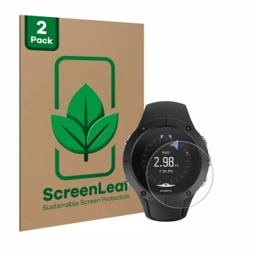 Parte frontale di una confezione del prodotto con il logo del marchio ScreenLeaf. Accanto è raffigurato il dispositivo Suunto 
