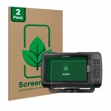 Parte frontale di una confezione del prodotto con il logo del marchio ScreenLeaf. Accanto è raffigurato il dispositivo Garmin 