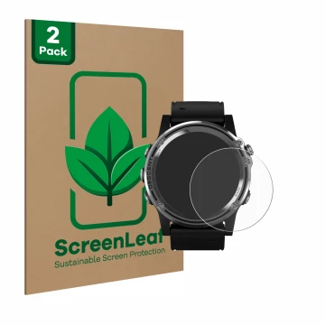 Parte frontale di una confezione del prodotto con il logo del marchio ScreenLeaf. Accanto è raffigurato il dispositivo Garmin 