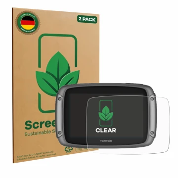 Parte frontale di una confezione del prodotto con il logo del marchio ScreenLeaf. Accanto è raffigurato il dispositivo TomTom 