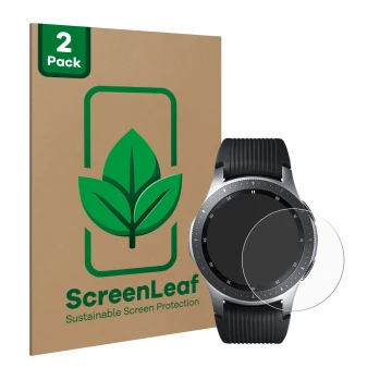Parte frontale di una confezione del prodotto con il logo del marchio ScreenLeaf. Accanto è raffigurato il dispositivo Samsung