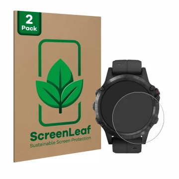 Parte frontale di una confezione del prodotto con il logo del marchio ScreenLeaf. Accanto è raffigurato il dispositivo Garmin 