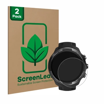 Parte frontale di una confezione del prodotto con il logo del marchio ScreenLeaf. Accanto è raffigurato il dispositivo Suunto 