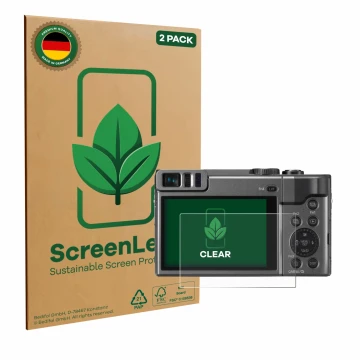 Parte frontale di una confezione del prodotto con il logo del marchio ScreenLeaf. Accanto è raffigurato il dispositivo Panason
