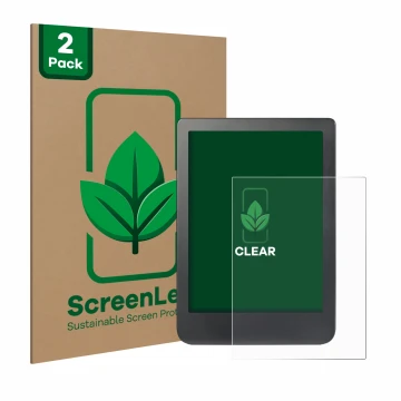Parte frontale di una confezione del prodotto con il logo del marchio ScreenLeaf. Accanto è raffigurato il dispositivo Kobo Cl
