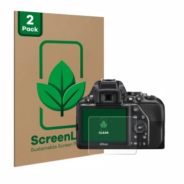 Parte frontale di una confezione del prodotto con il logo del marchio ScreenLeaf. Accanto è raffigurato il dispositivo Nikon D
