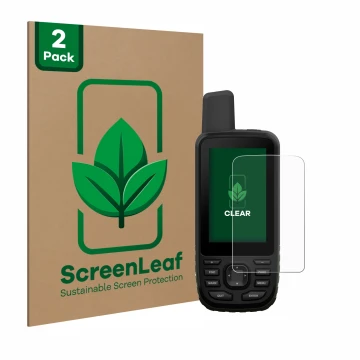 Parte frontale di una confezione del prodotto con il logo del marchio ScreenLeaf. Accanto è raffigurato il dispositivo Garmin 