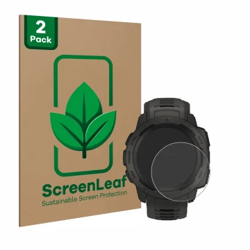 Parte frontale di una confezione del prodotto con il logo del marchio ScreenLeaf. Accanto è raffigurato il dispositivo Garmin 