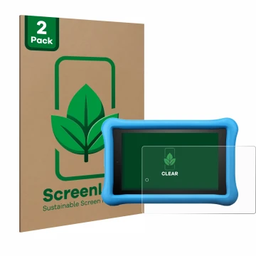 Parte frontale di una confezione del prodotto con il logo del marchio ScreenLeaf. Accanto è raffigurato il dispositivo Amazon 