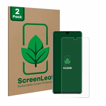 Parte frontale di una confezione del prodotto con il logo del marchio ScreenLeaf. Accanto è raffigurato il dispositivo Huawei 