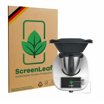 Parte frontale di una confezione del prodotto con il logo del marchio ScreenLeaf. Accanto è raffigurato il dispositivo Vorwerk