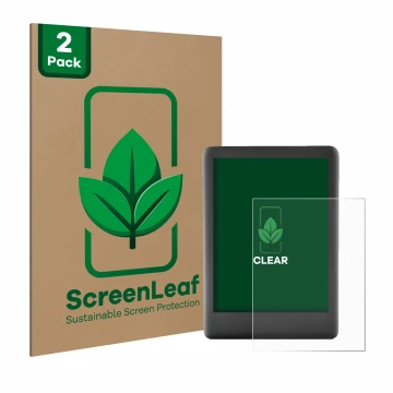 Parte frontale di una confezione del prodotto con il logo del marchio ScreenLeaf. Accanto è raffigurato il dispositivo Amazon 