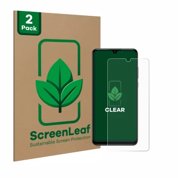 Parte frontale di una confezione del prodotto con il logo del marchio ScreenLeaf. Accanto è raffigurato il dispositivo Huawei 