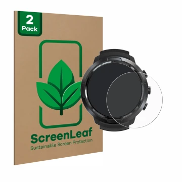 Parte frontale di una confezione del prodotto con il logo del marchio ScreenLeaf. Accanto è raffigurato il dispositivo Suunto 